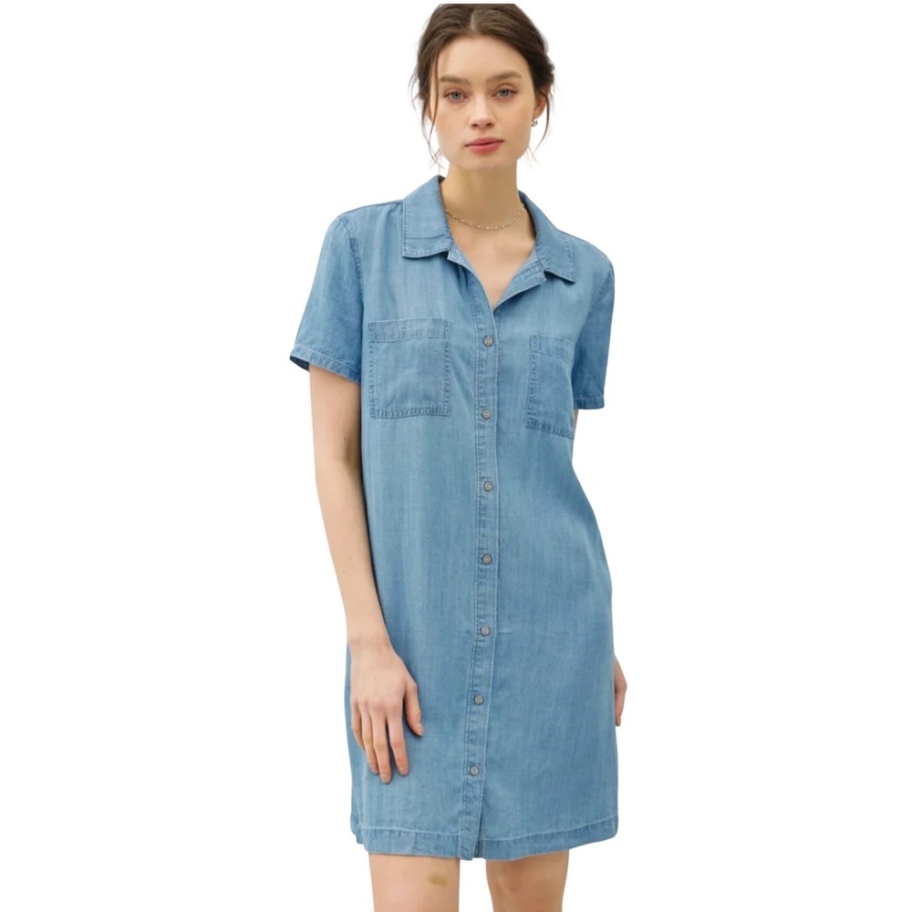 J. Jill Denim Tencel Lyocell Shirt Dress Blue Short Sleeve Button Front M Tall - Picture 1 of 16